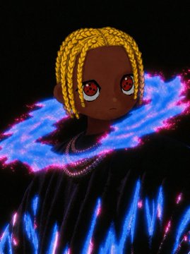 A digital illustration of an anime-style character with golden braided hair and red eyes, surrounded by a glowing blue and pink energy aura.