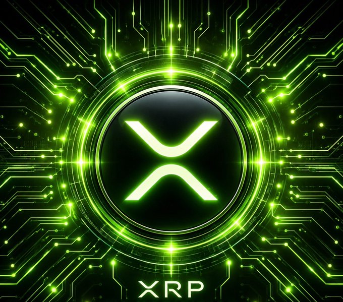 A glowing neon green XRP logo with the text "XRP" sits at the center of a high-tech circuit board design, symbolizing the cryptocurrency's digital foundation and energy. The pulsing green circuitry visually reinforces the post's message that XRP is poised for a bullish breakout, signaling readiness for the "XRP army."