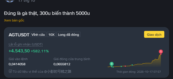 A cryptocurrency trading interface in Vietnamese showing AGTUSDT perpetual contract gains of +4,543.50 (+582.11%), with text mentioning '300u biến thành 5000u' (300u becomes 5000u).