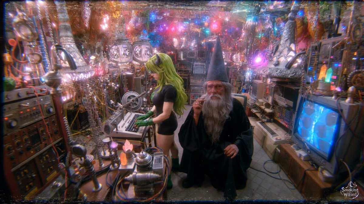 The image features a man with a long beard wearing a wizard's hat sitting next to a woman who appears to be playing a keyboard or piano. They are both dressed in costumes that suggest they might be attending a costume party, possibly at a Halloween event. The scene is set against a backdrop of various electronic equipment and other objects, which could indicate an indoor setting like a music studio or a gaming area.