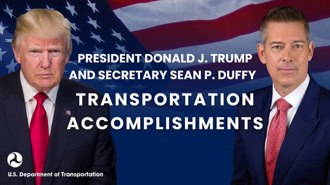 A promotional graphic featuring President Donald J. Trump and Secretary Sean P. Duffy against an American flag backdrop, with text reading "TRANSPORTATION ACCOMPLISHMENTS" and the U.S. Department of Transportation logo. The image visually supports the post's announcement about integrating Hedera ($HBAR) technology across 297 million vehicles in America's transportation system.