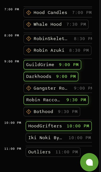 A schedule list showing various usernames and their corresponding times between 7:00 PM and 11:00 PM, with some entries highlighted in green.