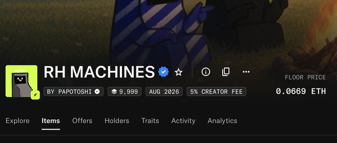 The image shows an OpenSea NFT collection page for "RH MACHINES" by PAPOTOSHI, featuring a floor price of 0.0669 ETH, 9,999 items, a 5% creator fee, and an August 2026 mint date. The "Coming +0.1 E" caption likely refers to an upcoming 0.1 ETH price target for the collection, which currently sits at a 0.0669 ETH floor.