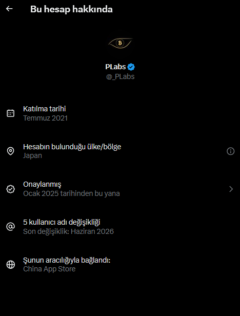 Twitter/X account information page in Turkish for verified account @_PLabs, showing join date Temmuz 2021, location Japan, and connection via China App Store.