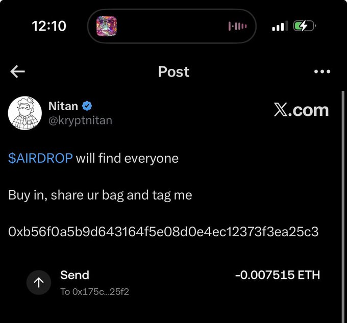 Screenshot of an X.com post from verified user @kryptnitan with text '$AIRDROP will find everyone' and a request to 'Buy in, share ur bag and tag me', along with an Ethereum wallet address 0xb56f0a5b9d643164f5e08d0e4ec12373f3ea25c3 and a transaction record showing a send of -0.007515 ETH.