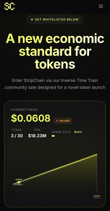 StripChain promotional graphic stating "A new economic standard for tokens" with a current price of $0.0608 (paused) and Stage 3/30 sold at 10.0%.