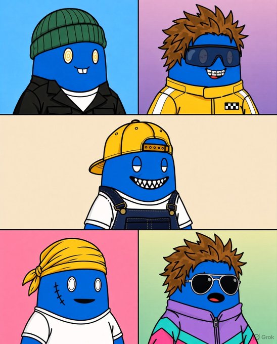 A four-panel illustration by Grok showing stylized blue blob-like characters with different hairstyles, hats, and accessories including a beanie, sunglasses, overalls, bandana, and a racing jacket.