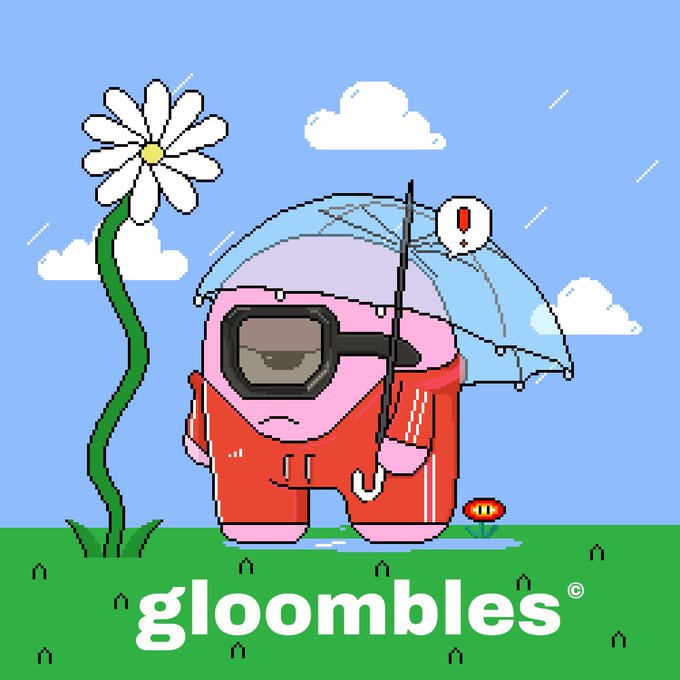 The image features a pink character with an umbrella, standing in front of a flower. The character appears to be sad or disappointed due to the rain. There are also some text elements in the image that seem unrelated to the main scene. One such element is "15x GTD Spots Giveaway Supply: 1,200, MP: TBA, Chain: ETH To enter: • Follow me & @Gloombles • Like + RT this post - + Drop your address Winners will be announced in 48 hours." The pink character and the umbrella are positioned near a green plant.