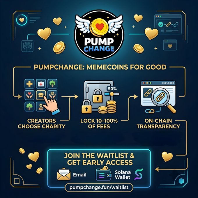 A promotional graphic for "PUMP CHANGE: MEMECOINS FOR GOOD" explaining how creators can choose charities, lock 10-100% of fees, and provide on-chain transparency, with a call to join the waitlist at pumpchange.fun/waitlist.