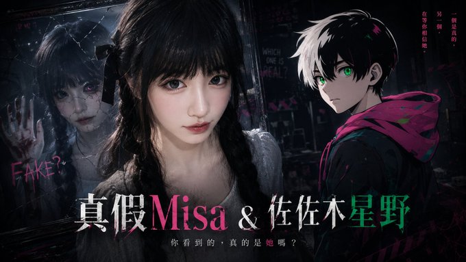 Anime-style promotional artwork titled '真假 Misa & 佐佐木星野' (Real or Fake Misa & Sasaki Hoshino) showing a photorealistic girl in the center between an anime-style ghost girl labeled 'FAKE?' and a green-eyed anime boy with text 'WHICH ONE IS REAL?'.