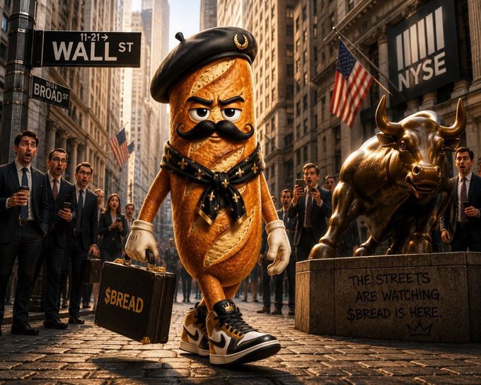 A '$BREAD' meme featuring an anthropomorphic baguette holding a briefcase labeled '$BREAD' on Wall Street, standing next to the Charging Bull statue.