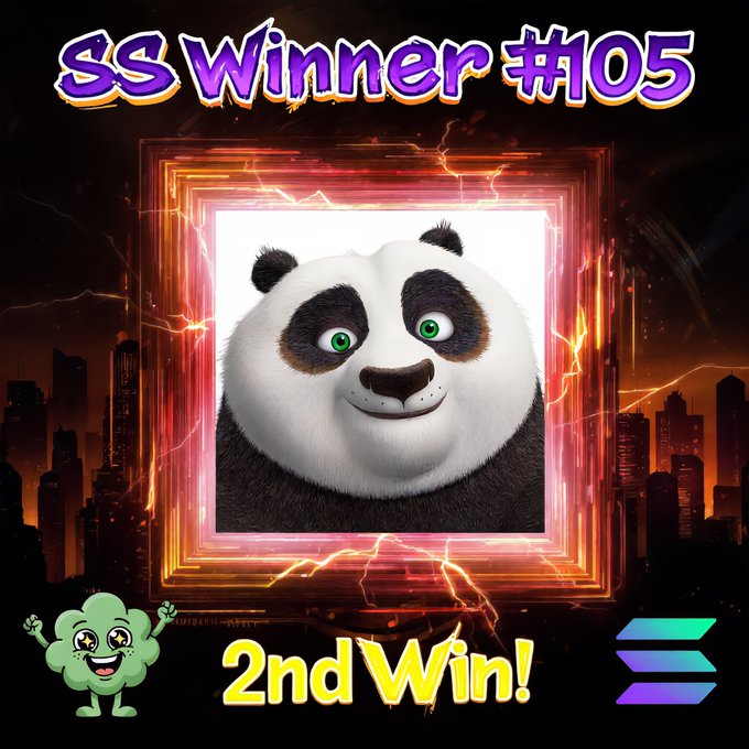A graphic displays 'SS Winner #105' above a panda character inside a glowing portal, with '2nd Win!' text and a small green character at the bottom, alongside a Solana logo.