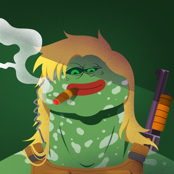 A green, Pepe-style character with blonde hair smokes a cigar while holding a rifle, fitting the "PepeExplorers" NFT collection reference. The post mentions dropping a Linktree for TrustUsNFT and promoting a Discord for holders of both collections.