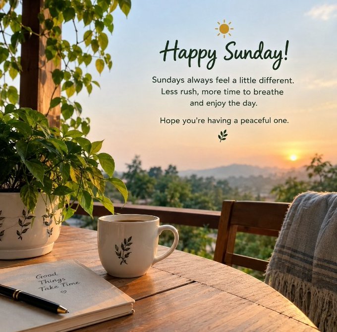 A 'Happy Sunday!' greeting card displays a peaceful sunset scene on a wooden balcony with a coffee mug, a potted plant, and a notebook reading 'Good Things Take Time'.
