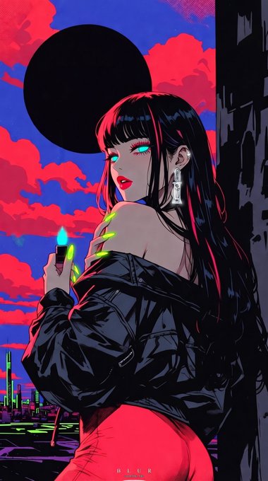 A vibrant cyberpunk-style digital illustration of a woman with neon green nails, red lipstick, and a black leather jacket against a dramatic red and blue sky with a black sun.