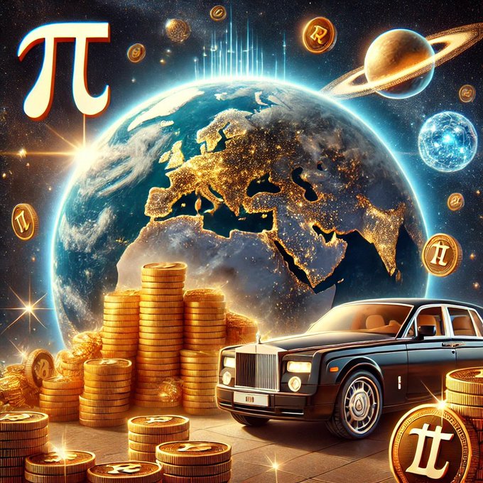 A stylized digital artwork featuring the Pi (π) cryptocurrency symbol alongside a luxurious black Rolls Royce car, stacks of gold coins, and a glowing Earth against a cosmic background.