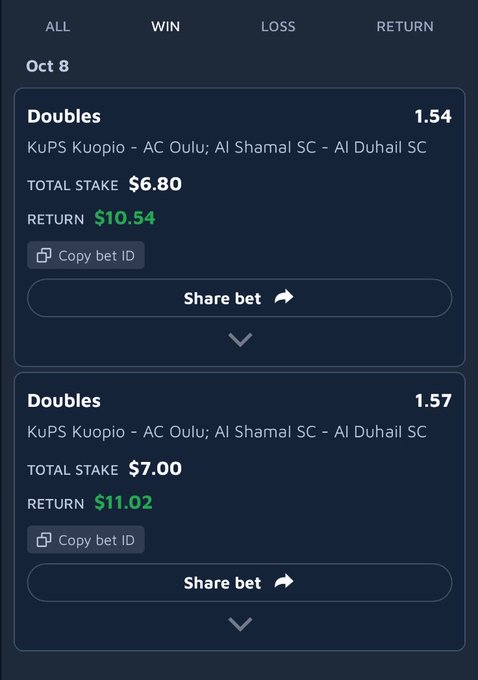 A mobile betting app interface displays two 'Doubles' bets from Oct 8 on matches KuPS Kuopio - AC Oulu and Al Shamal SC - Al Duhail SC, with total stakes of $6.80 and $7.00, returns of $10.54 and $11.02, and odds of 1.54 and 1.57 respectively. Each bet includes options to 'Copy bet ID' and 'Share bet'.