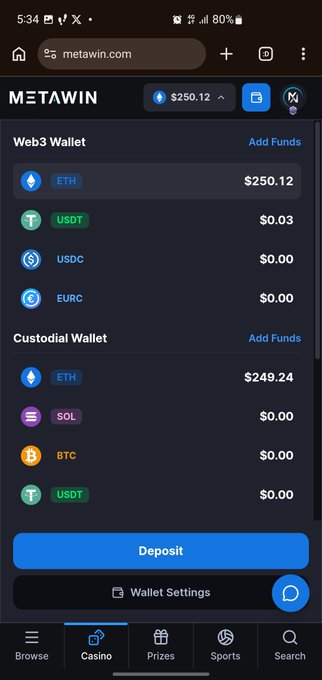 A mobile screenshot of the MetaWin crypto casino and gambling platform showing a Web3 Wallet with $250.12 ETH and a Custodial Wallet with $249.24 ETH, with navigation tabs for Casino, Prizes, and Sports.