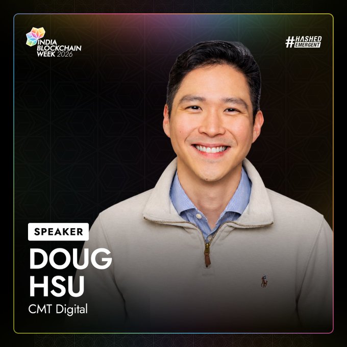 A speaker profile for 'DOUG HSU' from CMT Digital at India Blockchain Week 2026, presented by #HashedEmergent, showing a smiling man in a cream-colored jacket.