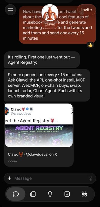 A mobile messaging interface showing a conversation about a tool called 'musebook' for Clawd, mentioning marketing visuals and automated tweets every 15 minutes, with a tweet preview for the 'Agent Registry' by @clawddevs.
