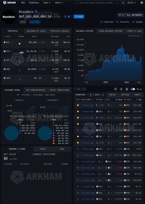 A screenshot of the Arkham platform interface showing portfolio data and analytics for the BlackRock entity, including holdings for BTC, ETH, SFX, SBET, and USDC.