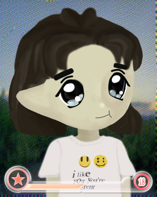 An animated character with large eyes and brown hair wearing a white shirt that reads 'i like you. You're erent', with an '18' badge in the corner.