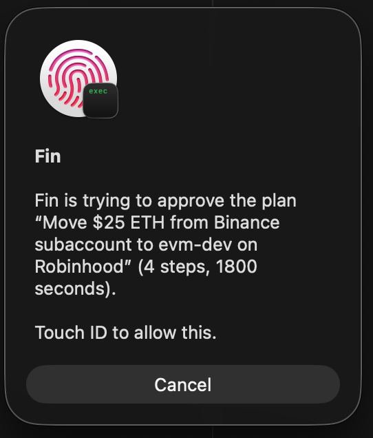 A screenshot of an Apple Watch Face ID prompt for an app called 'Fin', requesting approval for the plan 'Move $25 ETH from Binance subaccount to evm-dev on Robinhood' across 4 steps over 1800 seconds.