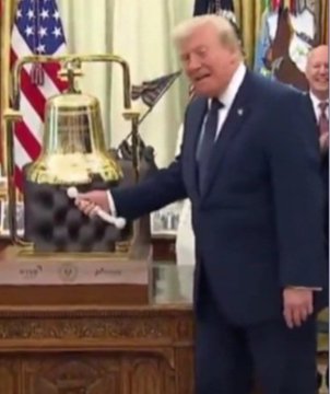 The image shows Donald Trump smiling while ringing a large golden ceremonial bell in the Oval Office, with an American flag and other officials visible in the background. This relates to the post's humorous observation about Trump "missing a button" on his jacket while ringing the bell, drawing a playful parallel to a riddle and suggesting a connection to XRP's price movement.