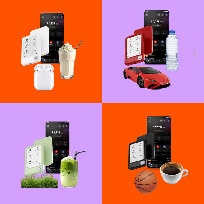 A four-panel image shows a smartphone displaying a $2,258 balance next to different consumer choices: AirPods and a milkshake (top left), a Lamborghini and water bottle (top right), a matcha drink on grass (bottom left), and a basketball with coffee (bottom right), each paired with a small card device in varying colors, illustrating the "you can only pick one" spending dilemma.