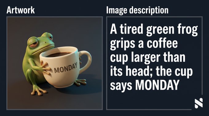 An illustration shows a tired green frog hugging an oversized coffee cup labeled 'MONDAY,' with a caption describing the scene.