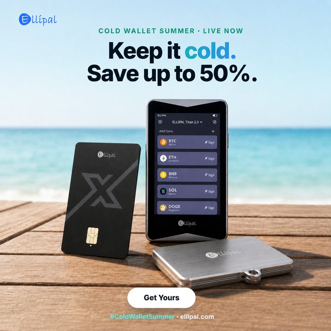 An advertisement for ELLIPAL promoting a 'COLD WALLET SUMMER' sale with up to 50% savings, displaying their Titan 2.0 hardware wallet and a mobile app showing various cryptocurrencies like BTC, ETH, BNB, SOL, and DOGE.