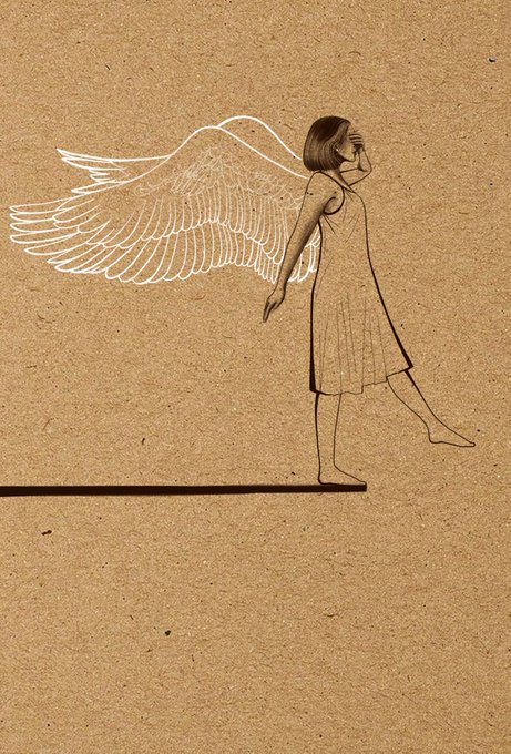 A sketched figure with large white wings walks across a black line, embodying the artwork's message that inner courage—not outward wings—carries one forward. The piece, titled "Wings don't save. Courage does," contrasts the elaborate feathered appendages with the figure's hesitant posture, reinforcing the idea that true freedom comes from within.