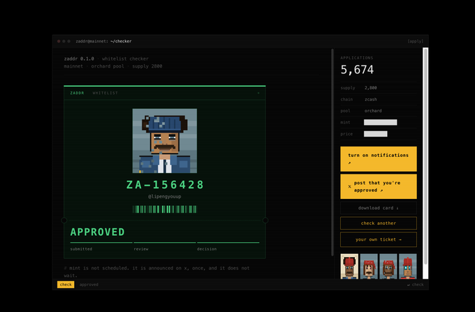 A pixel art NFT ticket on zadrmaxismwsmi.v1/checker showing 'ZAROK - WHITELIST' with an avatar labeled 'ZA-156428', marked as 'APPROVED' on the Orchard pool with supply 2,000.