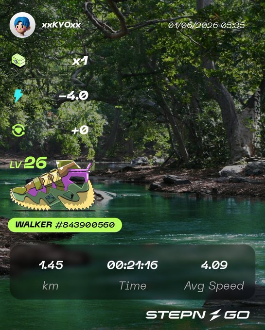 The image shows a fitness tracking app with a green screen displaying information about walking steps taken, distance traveled, and time spent walking. The app also has a picture of a shoe and a river nearby. The caption for the image reads " Lv3MB #STEPN Go".