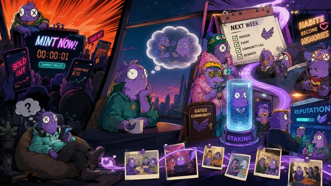 Vibrant cartoon illustration of purple hippo characters (Habits) in a community setting with various panels showing 'MINT NOW!', 'STAKING', 'GATED COMMUNITY', and 'NEXT WEEK' mission checklist.
