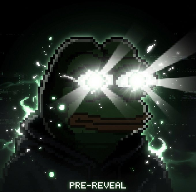 A pixelated green frog character with glowing white eyes is shown against a dark background with green energy effects, labeled 'PRE-REVEAL' at the bottom.