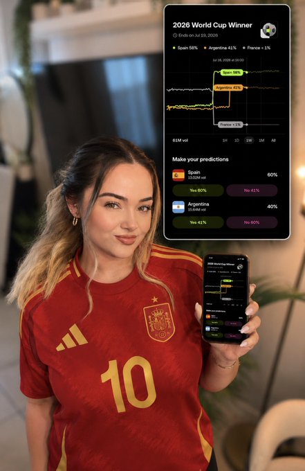 A woman in a red Spain national team jersey (#10) holding a phone displaying a Polymarket prediction for the 2026 World Cup Winner, with Spain at 60% and Argentina at 40%.