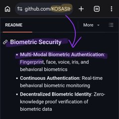 The image displays a GitHub README from the "KOSASIH" repository titled "Biometric Security," highlighting multi-modal biometric authentication features including fingerprint, face, voice, iris, and behavioral biometrics, as well as continuous authentication and decentralized biometric identity. The post ties into this by suggesting Pi cryptocurrency is developing palm, face, and eye-recognition payment systems, mirroring the zero-knowledge biometric verification approaches shown in the repository's documentation.