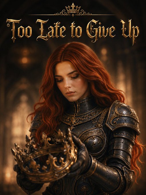 The image features a woman with red hair wearing medieval armor, holding a crown above her head. The caption of the image reads "Too Late to Give Up", which suggests that she might be a character from a video game or a story set in a medieval era. The image is accompanied by a link to MemeMilitiaNFT, indicating that it could be related to Memes or online content about medieval history and culture.