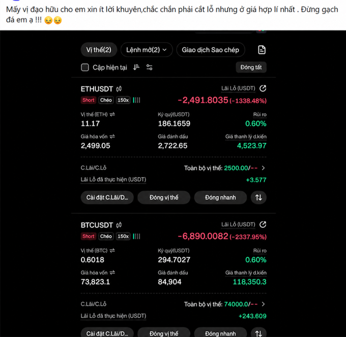 A screenshot showing a Vietnamese text message about a trading loss, accompanied by a trading interface displaying significant losses on leveraged short positions of ETHUSDT (-1337.48%) and BTCUSDT (-2337.95%).