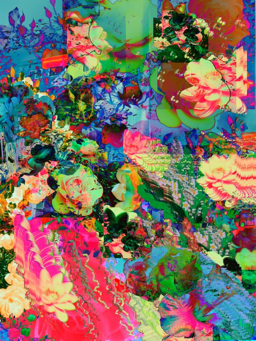 A vibrant, abstract artwork filled with a chaotic blend of colorful floral patterns, glitch effects, and overlapping imagery in shades of pink, green, blue, and yellow.