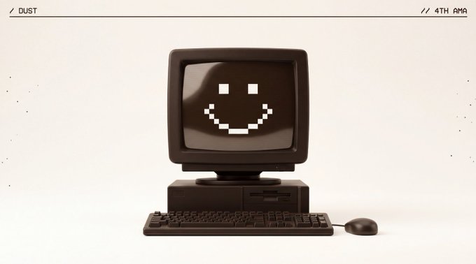 A retro-style illustration of a vintage CRT computer monitor displaying a pixelated smiley face, labeled '/ DUST' and '// 4TH AMA'.