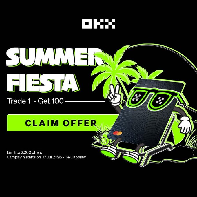 The image is a promotional banner for OKX's "Summer Fiesta" campaign featuring a lime-green animated card mascot wearing sunglasses in front of palm trees, with text advertising "Trade 1 - Get 100" rewards, a "Claim Offer" button, and campaign details noting a July 7, 2026 start with a 2,000 offer limit. It visually promotes the summer trading event referenced in the post's instructions for joining and claiming shopping voucher rewards.
