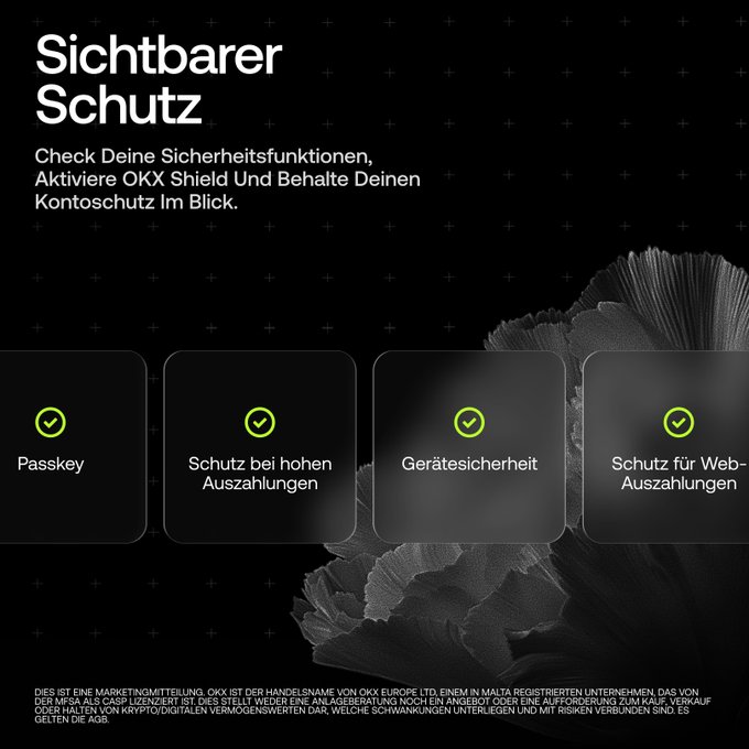 OKX advertisement in German titled 'Sichtbarer Schutz' (Visible Protection) listing four security features: Passkey, Schutz bei hohen Auszahlungen, Gerätesicherheit, and Schutz für Web-Auszahlungen, each with a green checkmark.