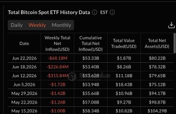 The image displays a weekly data table for Total Bitcoin Spot ETF History, showing recent weekly net inflows ranging from -$68.18M to -$315.84M and cumulative total net inflows of $53.33B–$59.39B, with total assets valued at $80.22B–$104.29B across late May and June 2026, supporting the post's claim of continued Bitcoin ETF outflows stretching into a seventh consecutive week.