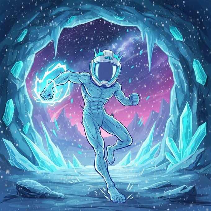 A digital illustration of a muscular figure wearing a futuristic blue and white helmet, running through an icy cave while surrounded by glowing blue crystals.