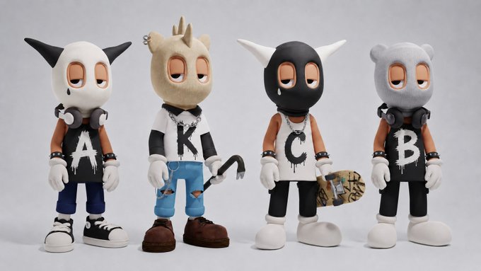 A photo of four designer toy figures (Collectible A, K, C, and B) styled as 'Urban Beast' characters, featuring horned or hooded heads with half-closed eyes, wearing white shirts with black letters and various streetwear accessories.