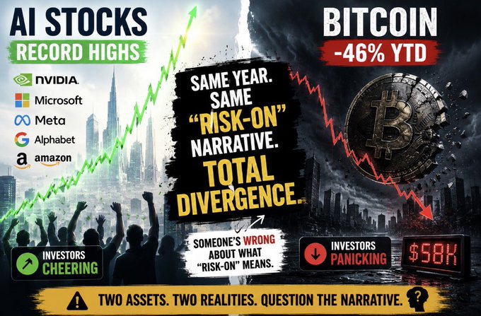 A financial graphic contrasting 'AI STOCKS RECORD HIGHS' (NVIDIA, Microsoft, Meta, Alphabet, Amazon) with cheering investors versus 'BITCOIN -46% YTD' showing panicked investors at $58K, with text stating 'SAME YEAR. SAME RISK-ON NARRATIVE. TOTAL DIVERGENCE. SOMEONE'S WRONG ABOUT WHAT RISK-ON MEANS.'