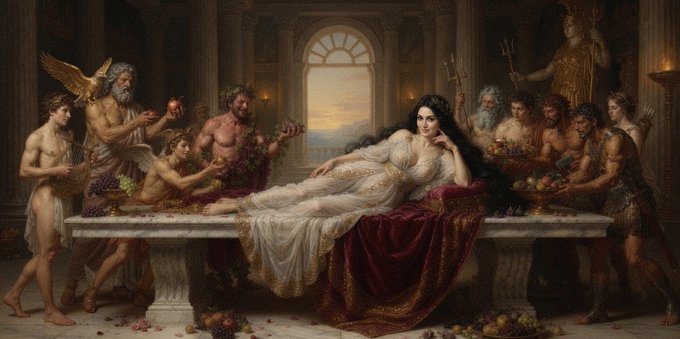 A classical painting depicting a woman in a flowing white gown reclining on a stone bench, surrounded by mythological figures including a bearded man with wings and various attendants offering fruits and flowers.