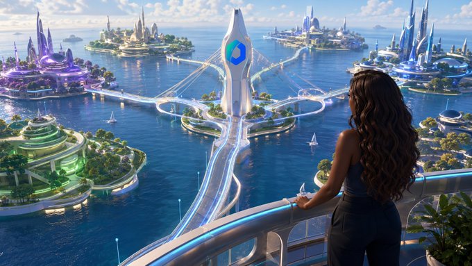 A woman with long dark hair stands on a balcony overlooking a futuristic aquatic cityscape, where luminous bridges connect sleek island metropolises—visually echoing the post's vision of interconnected blockchains (Ethereum, BNB, Polygon, Solana) linked by seamless cross-chain pathways in a unified Web3 future, with Rezor representing the central hub tying them together.